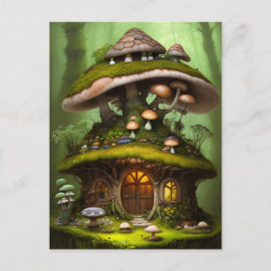 Cartão Postal Casa de Fada de Cogumelo Musgoso Adorável