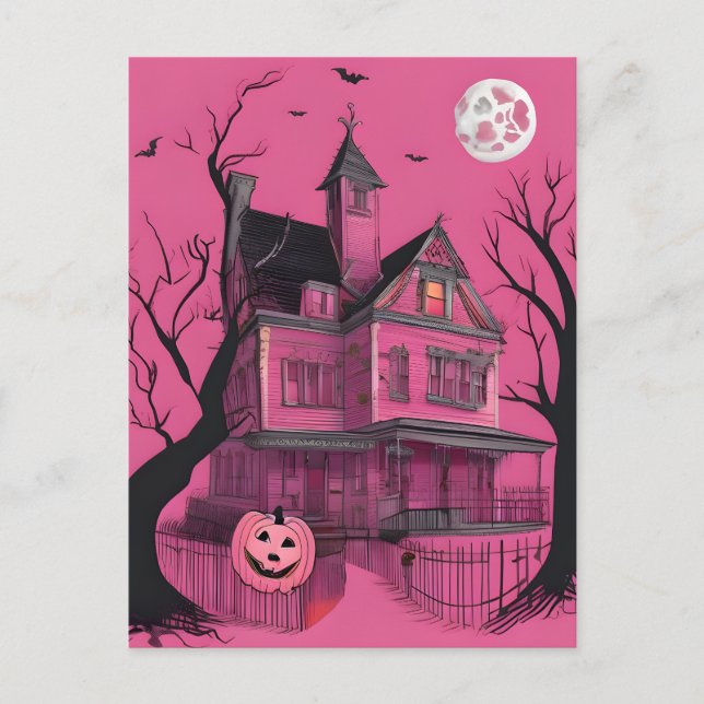Cartão Postal Casa de Halloween Assombrada Rosa (Frente)