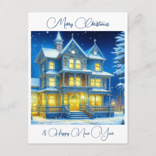 Cartão Postal Casa de Natal Personalizada numa Noite de Neve