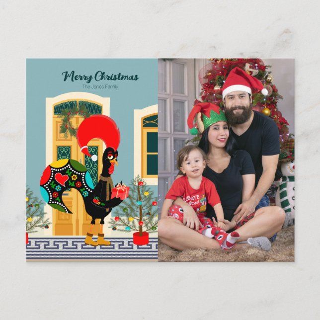 Cartão Postal Casa de Natal portuguesa com saudações de galo (Frente)