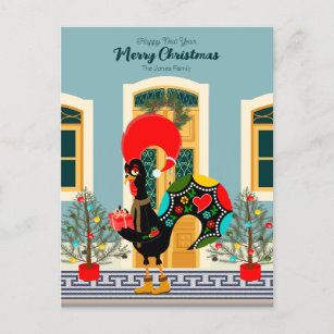 Cartão Postal Casa de Natal portuguesa com saudações de galo