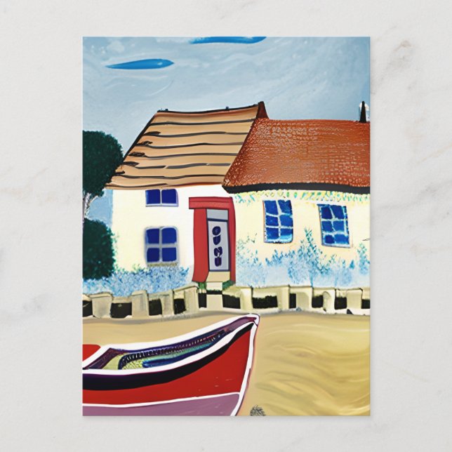 Cartão Postal Casa de praia e barco em contato (Frente)