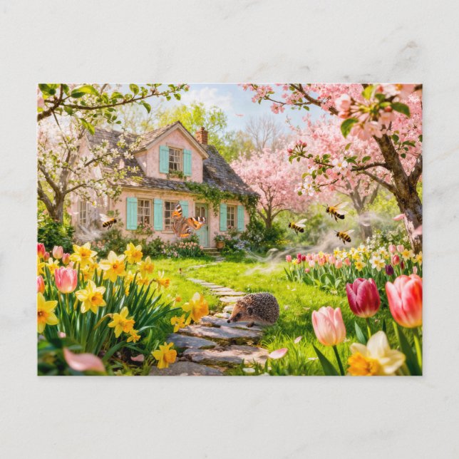 Cartão Postal Casa de primavera com Abelhas, Ouriço e Florescend (Frente)