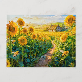 Cartão Postal Casa do Caminho do Girassol com Gato e Mea em Flor
