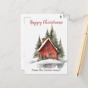 Cartão Postal Casa Encantadora de Natal em Aquarela na Floresta