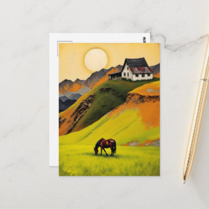 Cartão Postal Casa na Colina e Cavalo no Pasto