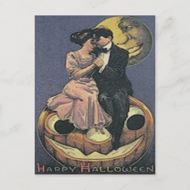 Cartão Postal Casais Homem da Lua Abóbora de Halloween (Frente)