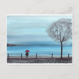 Cartão Postal Casal apaixonado com guarda-chuva vermelho