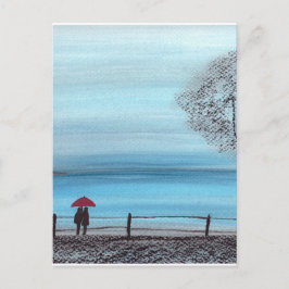 Cartão Postal Casal apaixonado por um guarda-chuva vermelho