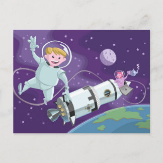 Cartão Postal casal astronauta de caminhada espacial tendo chá