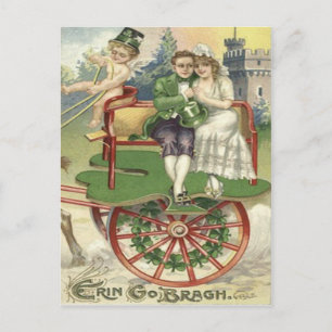 Cartão Postal Casal Casado Shamrock Carruagem de Cavalo Querubim