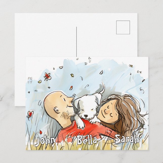 Cartão Postal Casal com Puppy branco (Frente/Verso)