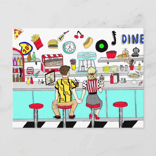 Cartão Postal casal de 1950 segurando mãos no jantar (Frente)