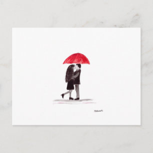 Cartão Postal casal de amor com arte de guarda-chuva vermelha