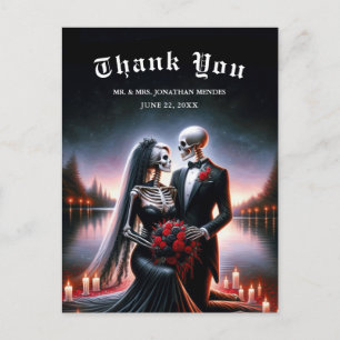 Cartão Postal Casal de Esqueleto Gótico Obrigado Casamento Azul-