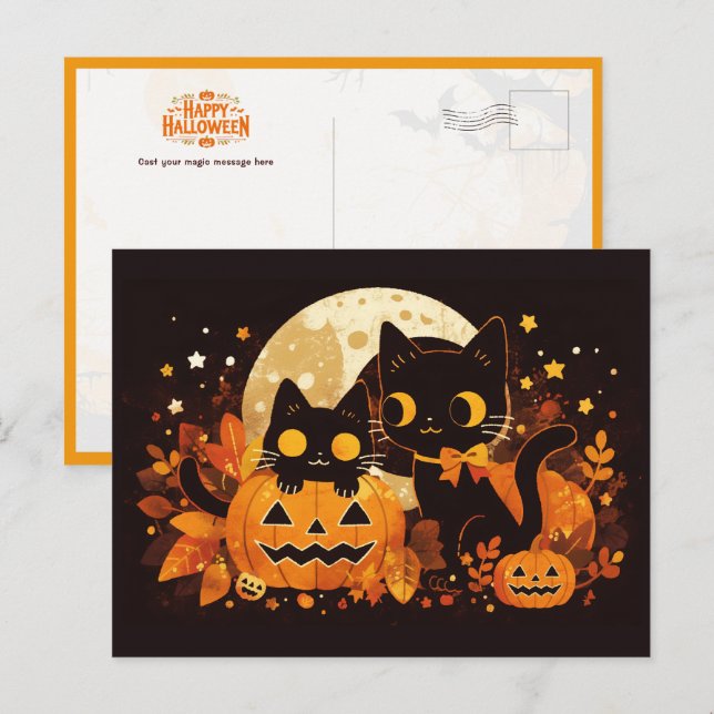 Cartão Postal Casal de Gato Preto com Bombeiros e Lua (Frente/Verso)