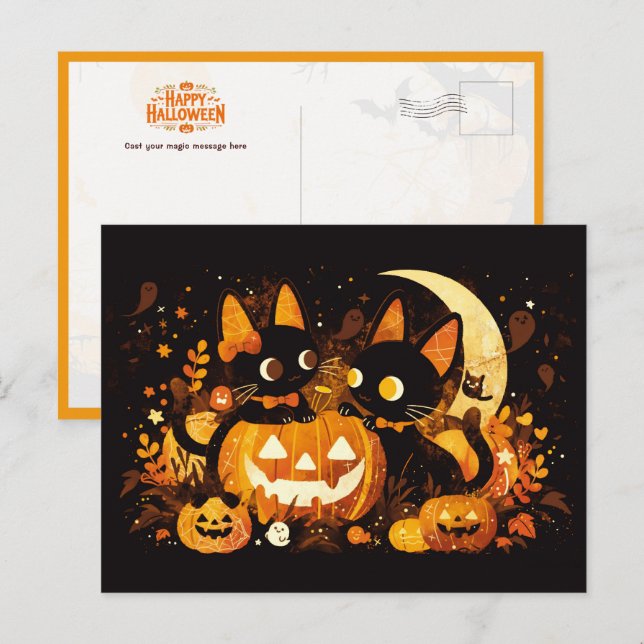 Cartão Postal Casal de Gato Preto com Bombeiros e Lua (Frente/Verso)