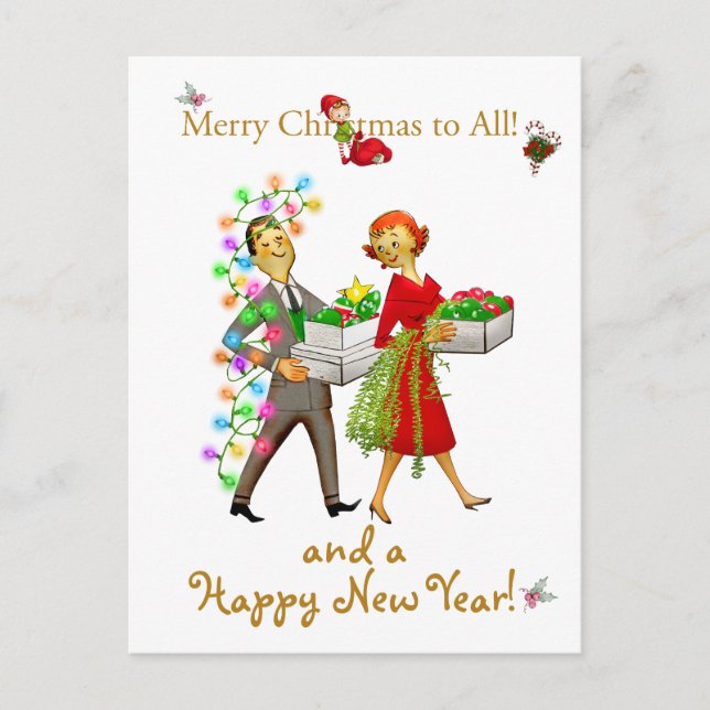 Cartão Postal Casal de Natal vintage saudação de Natal feliz (Frente)