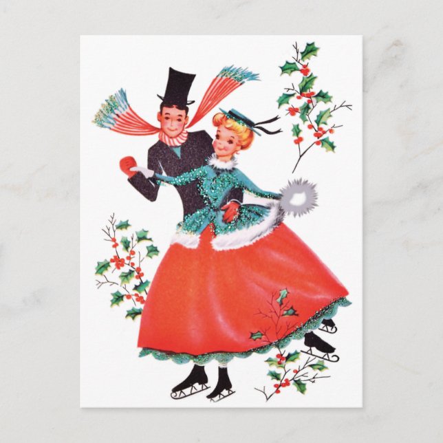 Cartão Postal Casal de Patinação no Gelo no Natal (Frente)