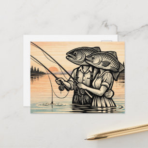 Cartão Postal Casal de Pesca Surreal Divertido