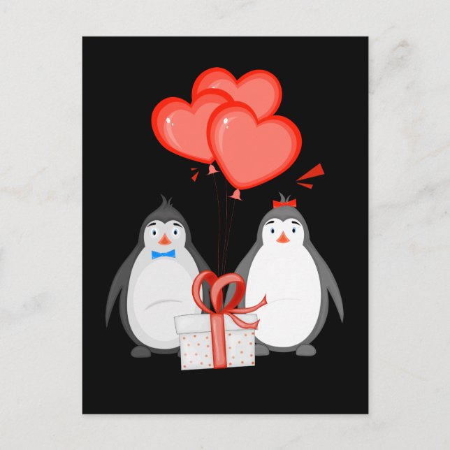 Cartão Postal Casal de Pinguins Balão Coração Pinguim (Frente)