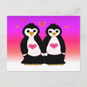 Cartão Postal Casal de Pinguins com Corações