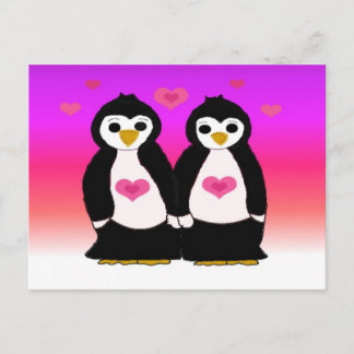Cartão Postal Casal de Pinguins com Corações
