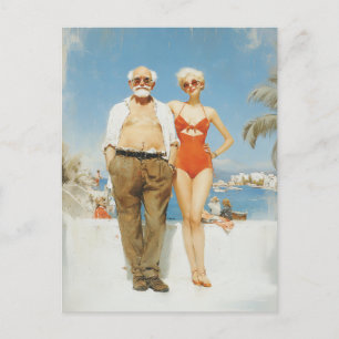 Cartão Postal Casal de Praia Vintage Contraste de Verão