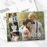 Cartão Postal Casal de Script de Pincel Moderno 4 Foto Salva Nos<br><div class="desc">Script de Pincel Moderno Salve o nosso Cartão-Postal de Noivado de Data Casal 4 - Script Branco</div>