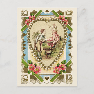 Cartão Postal Casal Doce em Quadro de Coração Reprodução Vintage