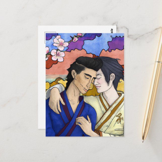 Cartão Postal Casal gay no estilo da arte ukiyo-e japonesa (Frente/Verso In Situ)