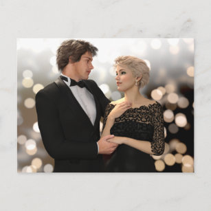 Cartão Postal Casal Glamoroso com Bolsa de Grelha