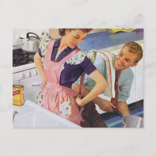Cartão Postal casal retro vintage da cozinha
