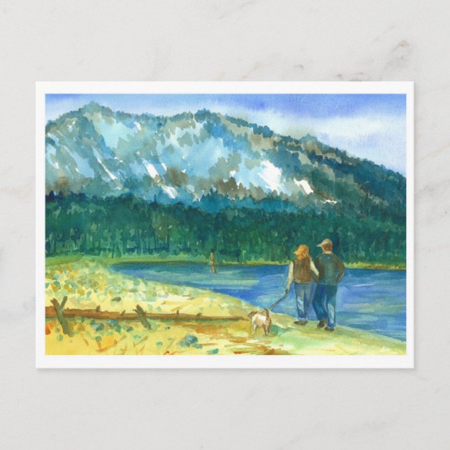Cartão Postal Casal Romântico Amor Lago de Inverno Aquarela (Frente)