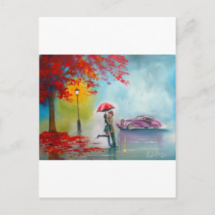 CARTÃO POSTAL CASAL ROMÂNTICO DE GUARDA-CHUVA VERMELHO NO DIA CH