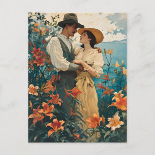 Cartão Postal Casal Romântico no Campo de Vintage Lily