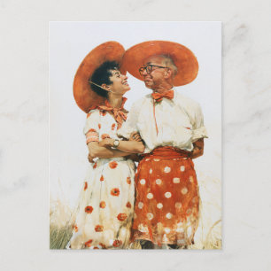 Cartão Postal Casal Vintage de Verão com Chapéus Laranja