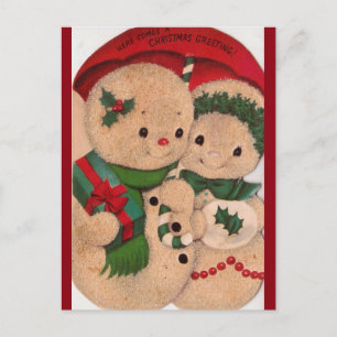 Cartão Postal casal Vintage Snowman dos anos 40