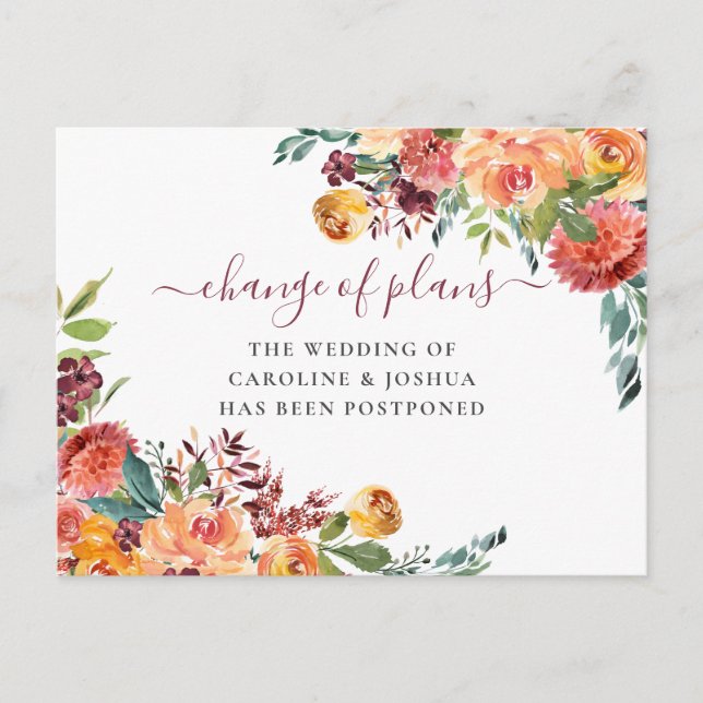Cartão Postal Casamento Adiado Flores de Outono Mudança de Data (Frente)