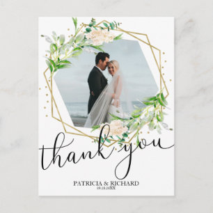 Cartão Postal Casamento Agradecimento Folhagem Folha Dourada Geo