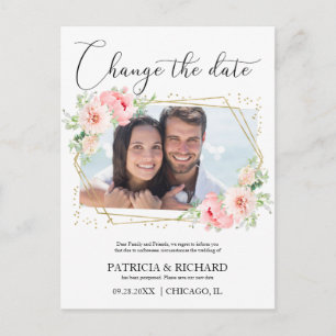 Cartão Postal Casamento  Alterar a Data Blush Floral Foto