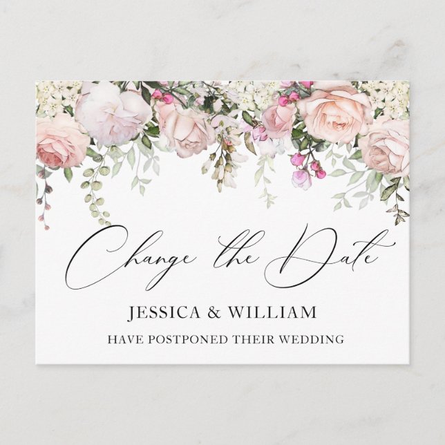 Cartão Postal Casamento Alterar a Data Elegante Rosas de Blush (Frente)