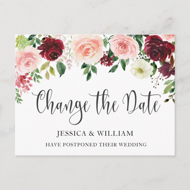 Cartão Postal Casamento Alterar a Data Rosas Azuis (Frente)