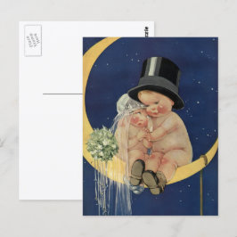 Cartão Postal Casamento Antigo, Noiva e Noivo Fofo em uma Lua