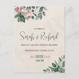 Cartão Postal Casamento Aquarela em Verde Sálvia Mínimo e Rosa E