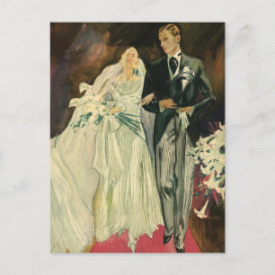 Cartão Postal Casamento Art Deco Vintage Noiva e Noivo Recém-Cas