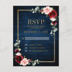 Cartão Postal Casamento Azul de Marinho de Quadro Floral Dourado