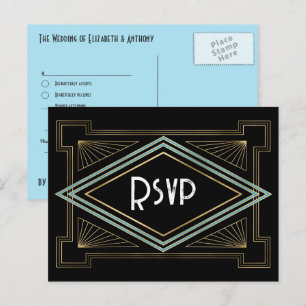 Cartão Postal Casamento Azul e Dourado Art Déco Inspirado em Gat
