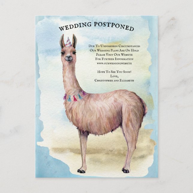 Cartão Postal Casamento Azul Funny Llama Adiado Alteração de Dat (Frente)