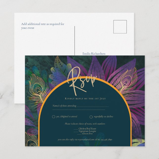 Cartão Postal Casamento Azul Verde Paquock Jewel Tones (Frente/Verso)